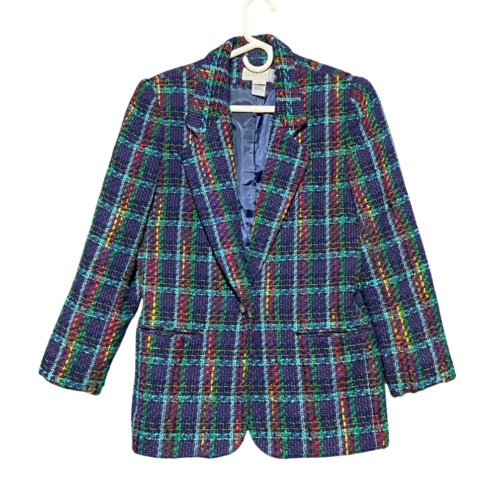 Vintage Diversity Plaid Tweed Blazer Jacket Women's Petite 4 Vibrant Multicolor‎